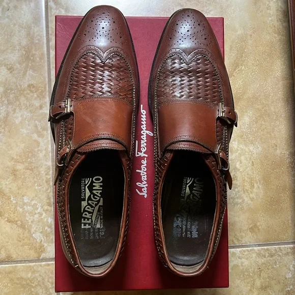 Salvatore Ferragamo Brown Woven Leather Double Monk Strap, Re-Soled, Size 10 - Picture 9 of 9